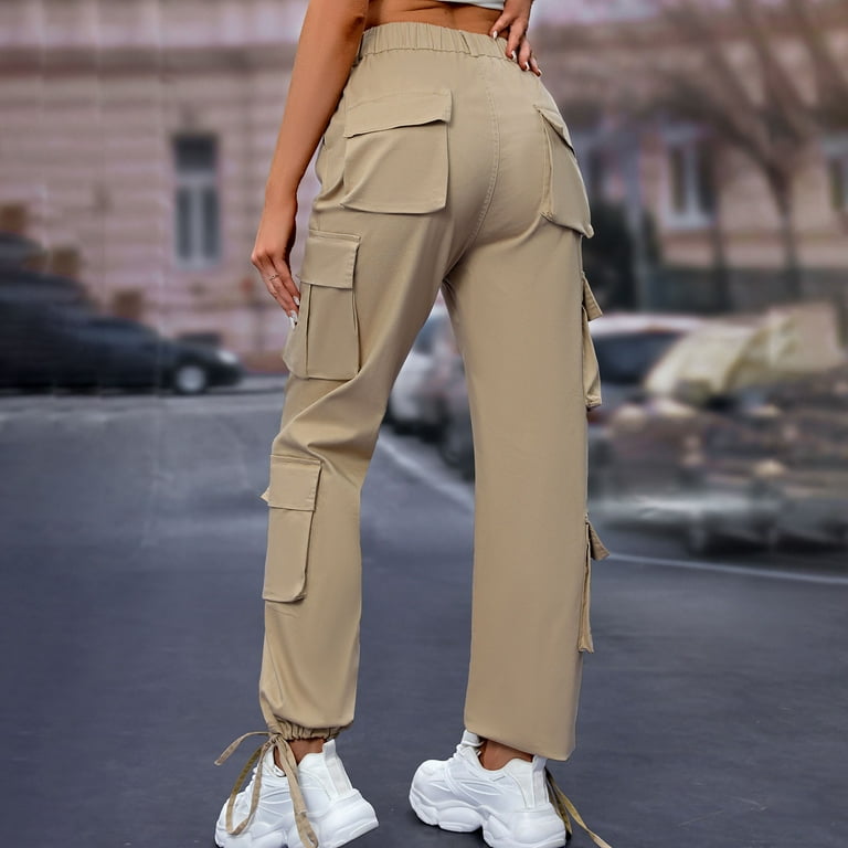 【Anyone more】Kuwa Cargo Wide Cotton Pants Womens Cotton Cargo Pants with Multi Pockets Drawstring