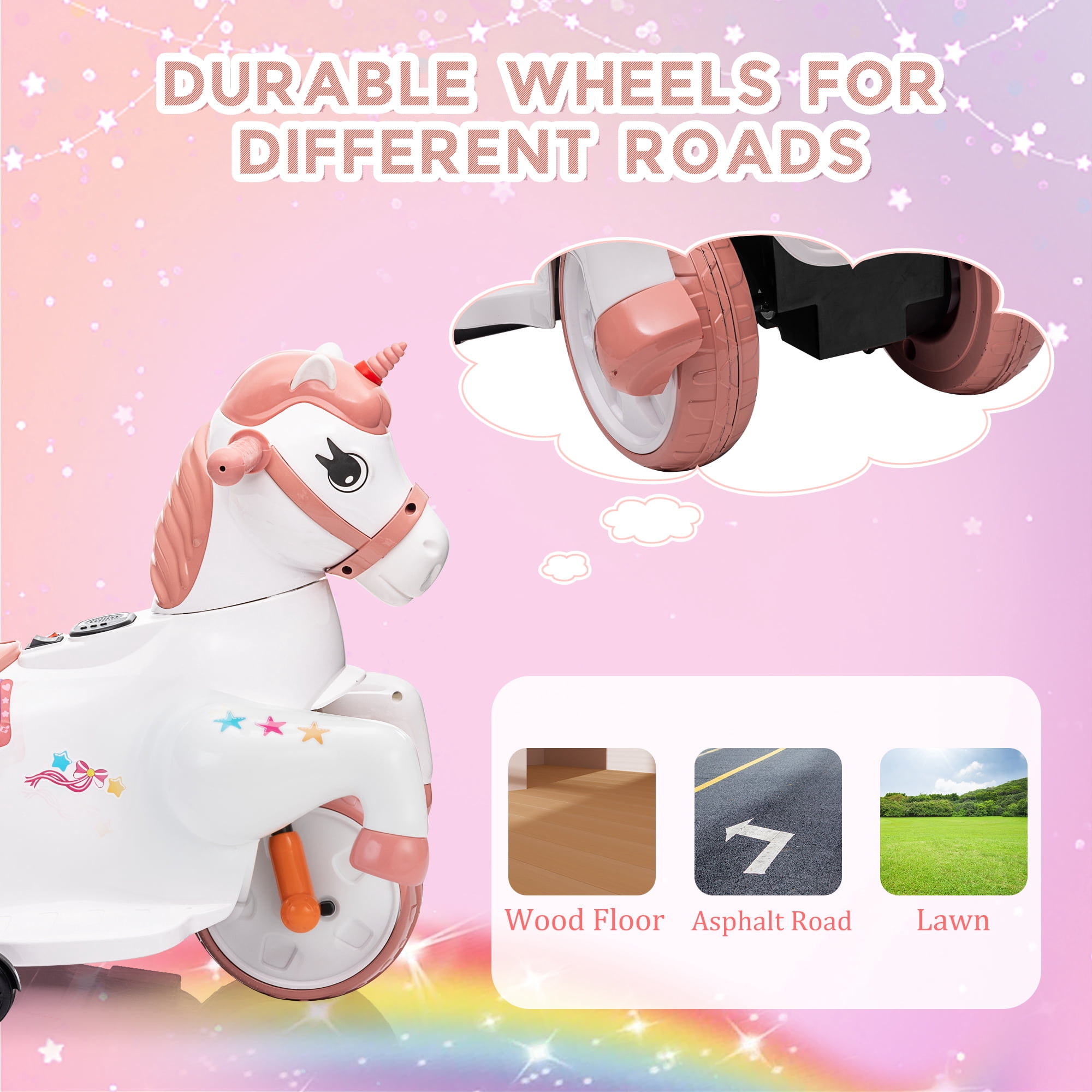 Jaxpety Ride on Unicorn,6V Electric Rocking Horse with Music,Charging Battery,Great Gift for Kids 3-6 Years Old,Pink