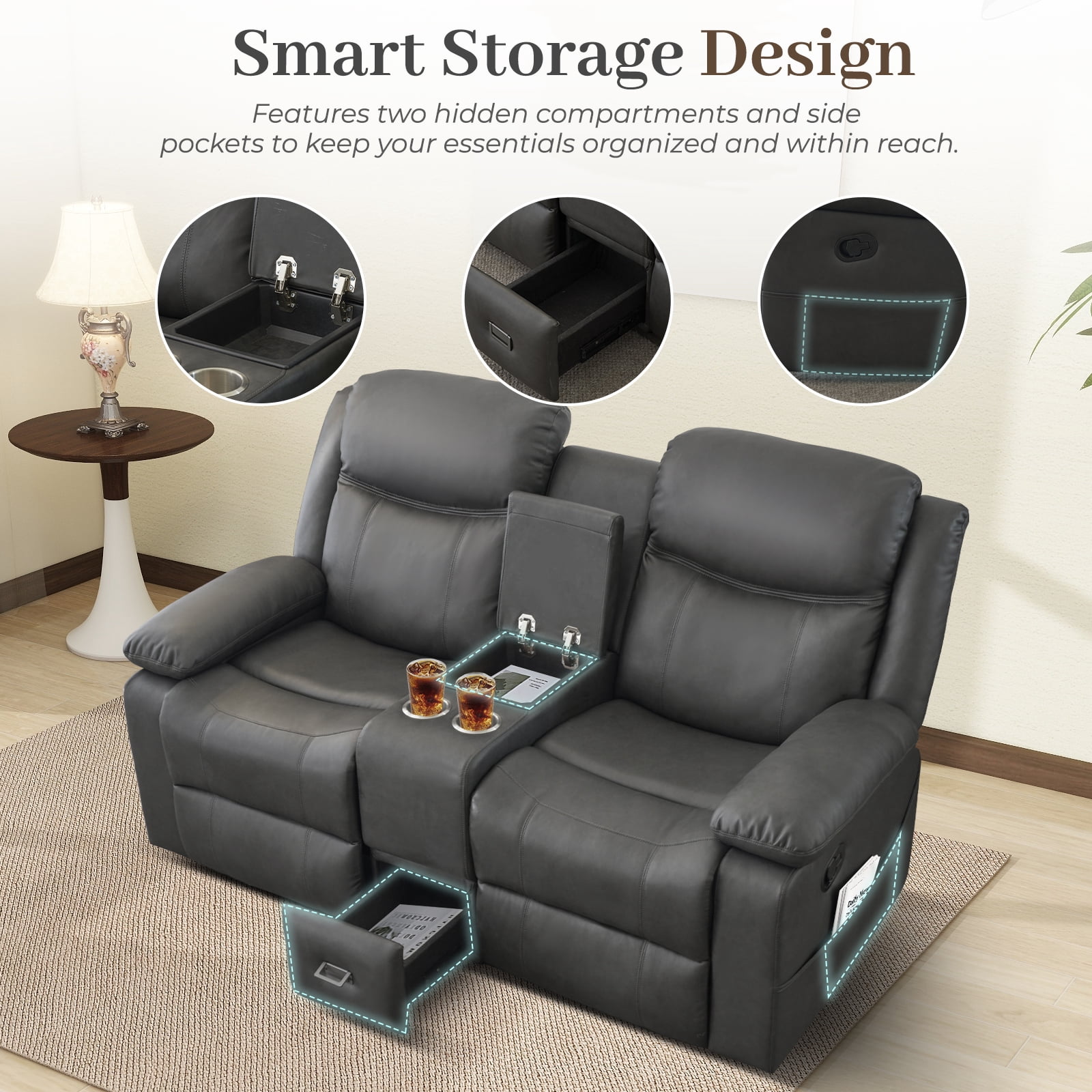 Loveseat Recliner Sofa, PU Leather Sofa Couch, Manual Recliner Loveseat with Console, Double Reclining RV Sofa with Cup Holders and Side Pocket for Living Room/Office/Apartment