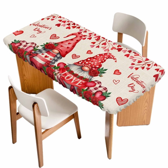 Valentine's Day Table Cloths for 6 Foot Rectangle Tables, Red Gnomes Loves Roses Romantic Beige Patio Waterproof Elastic Fitted Tablecloths, Washable Rectangular Table Cover for Camping