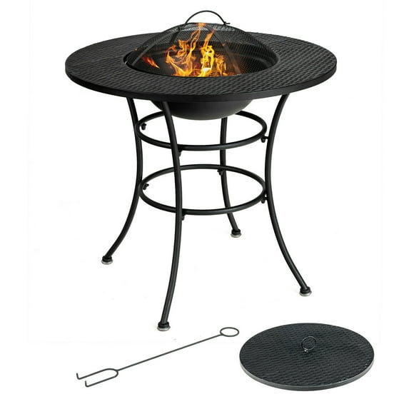 Gymax 31.5'' Patio Fire Pit Dining Table Charcoal Wood Burning W/ Cooking BBQ Grate