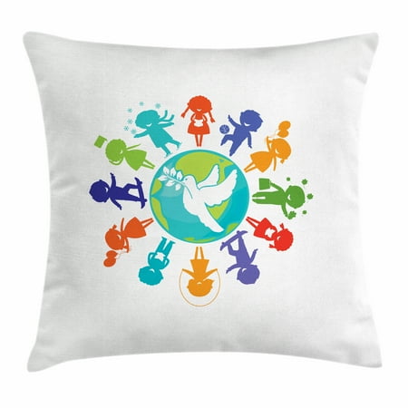 - Youth Throw Pillow Cushion Cover, Cute Children Silhouettes around the World with Pigeon Symbol of Peace Earth Planet, Decorative Square Accent Pillow Case, 16 X 16 Inches, Multicolor, by Ambesonne