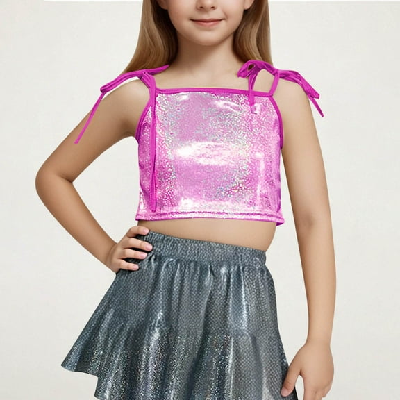 Cethrio Dancewear Tank Tops for Girls, Performance Shiny 2025 Summer Sleeveless Tops Hot Pink Size 10-12 T