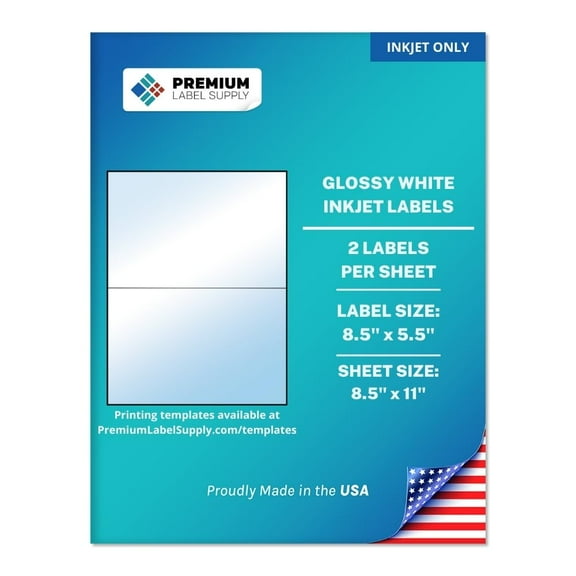 Premium Label Supply Glossy White Sticker Labels – 8.5" x 5.5" – (2 Labels/Sheet) (Glossy White for Inkjet Only, 20 Labels)