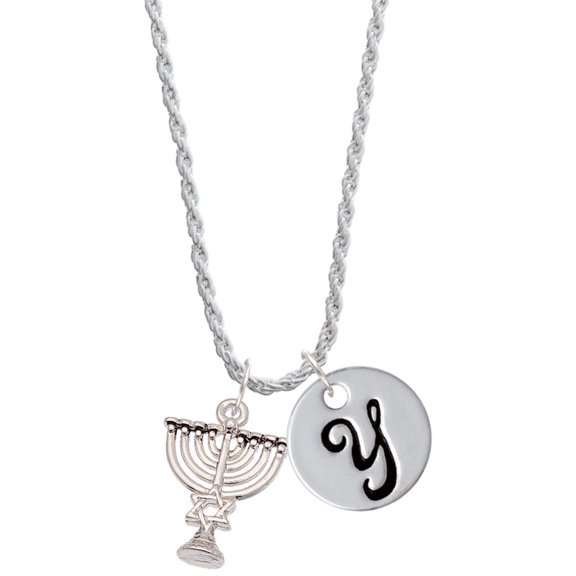 Delight Jewelry Silvertone 3-D Menorah - Silvertone Script Initial Disc - Y - Charm Necklace, 20"+3"