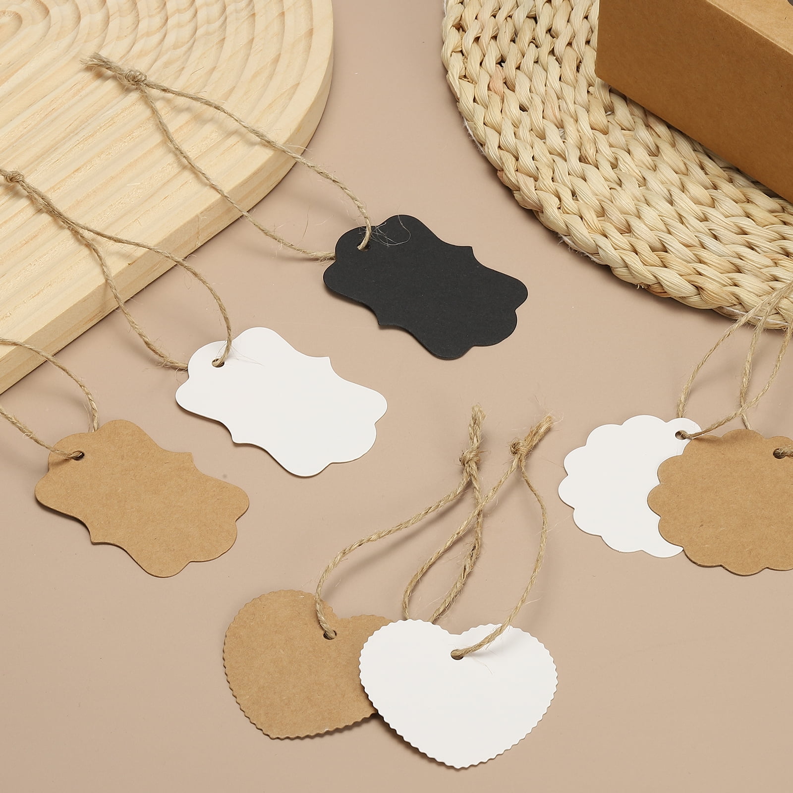 Uxcell 500Pcs Black Price Tags with Twine String Attached, 2.76 x 1.97 Inch Paper Hang Tags Scalloped Gift Tags