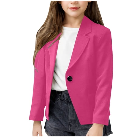 Efsteb Girls Blazer Jacket Long Sleeve Lapel Collar Open Front Button Casual Kids Blazers Suit (Hot Pink 11 Years)