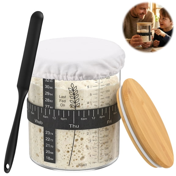 Fkszll 1 Pcs Sourdough Starter Jar Kit 51 oz Wide Mouth Borosilicate Glass Sourdough Bread Starter Jar with Bamboo Lid Thermometer Strip Feeding Tracker for Home Kitchen
