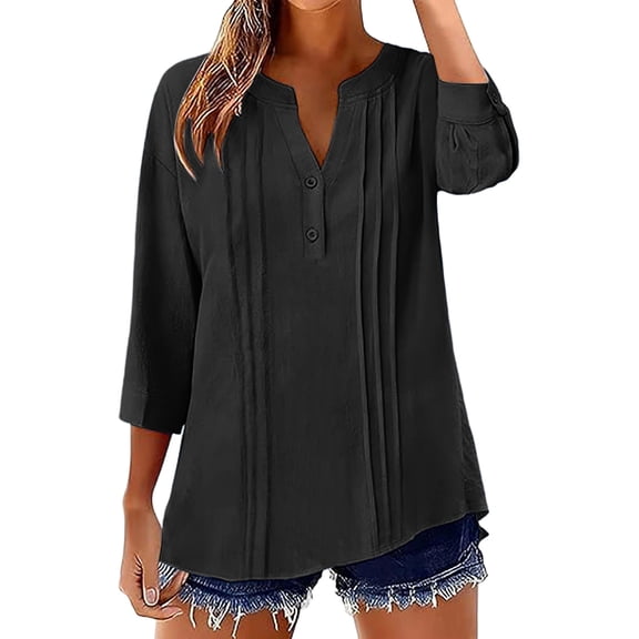 Womens Cotton Linen Tops, 3/4 Sleeve Shirts for Women Casual Lightweight Solid Color Pleated Notch V Neck Dressy Blouses with Buttons