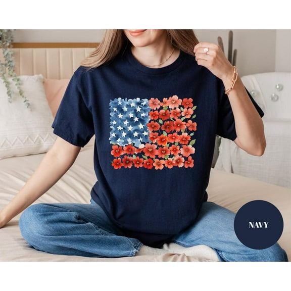 Floral Flag USA Shirt, American Flag with Flower Stripes Tee, Patriotic Summer T-shirt, 4th of July Outfit, Cute USA Shirt, Fourth of July