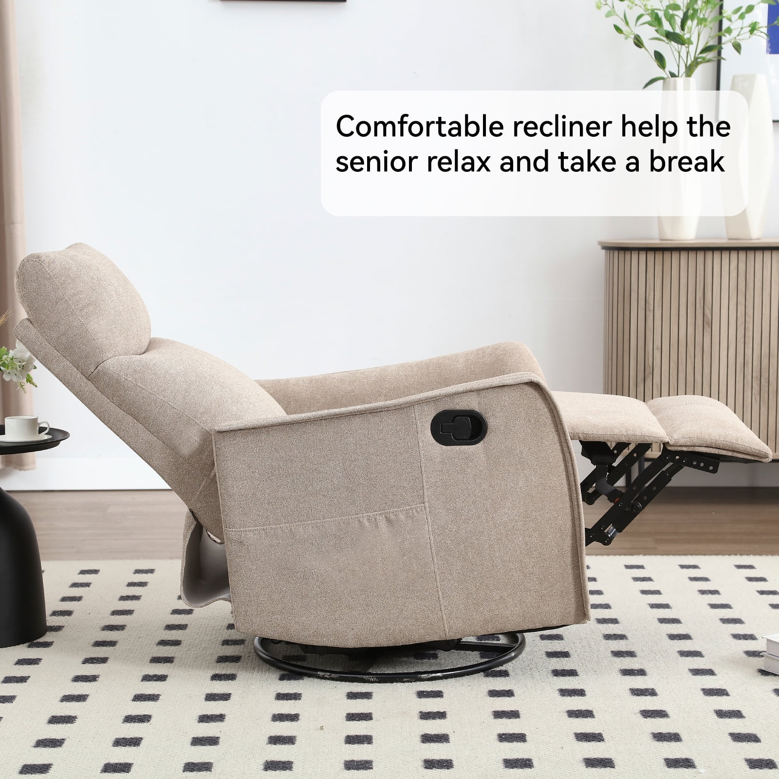Bellemave Manual Recliner Chair with Massage and Heating Home Theater Recliner Rocking Chair Nursery Swivel and Rocker Chair with High Back in Fabric for Living Room, Bedroom (Khaki)