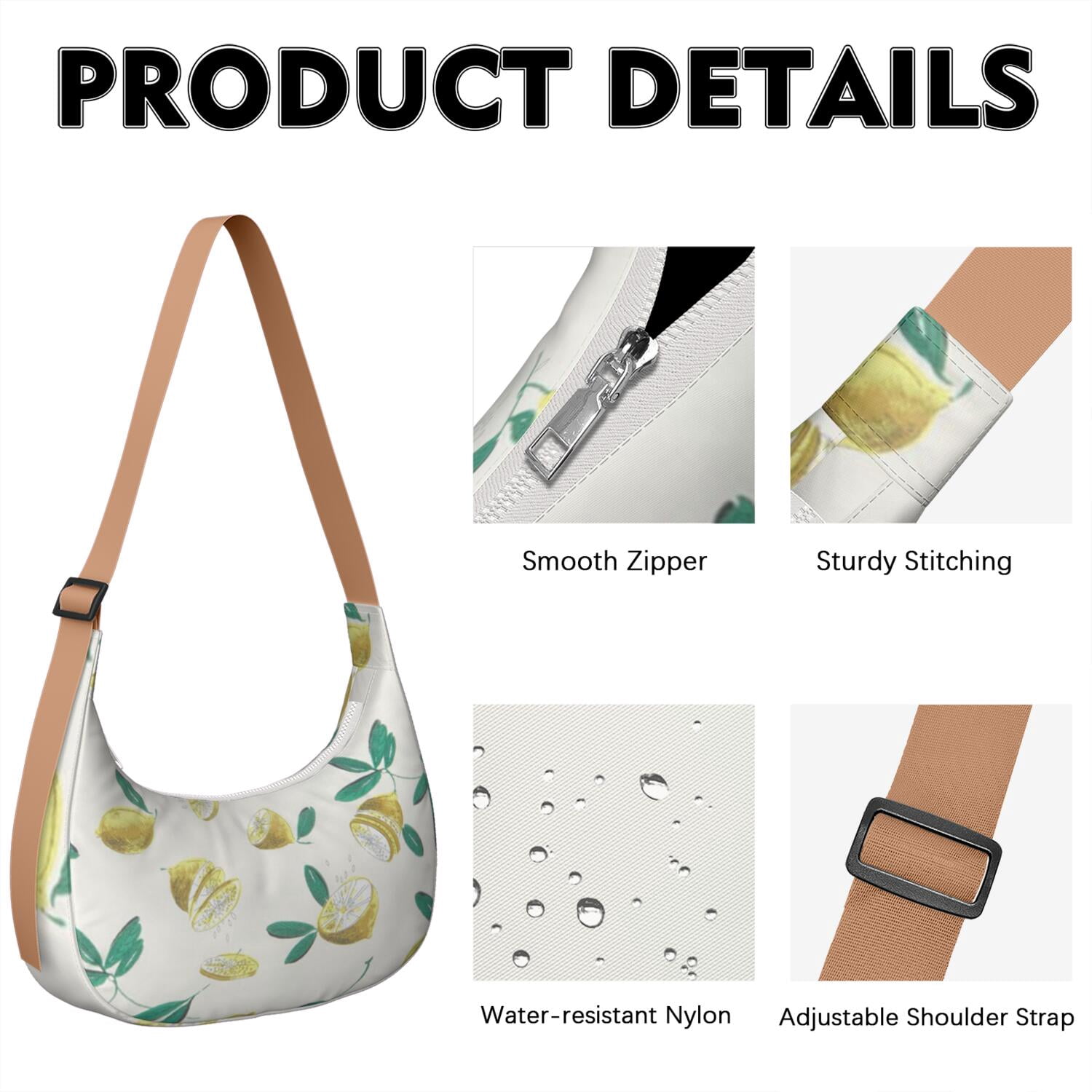 Lightweight Retro Lemon Print Hobo Purse for Women, Floral Summer Crossbody Shoulder Tote, Durable Water-Resistant Fruit Bag with Large Capacity Design