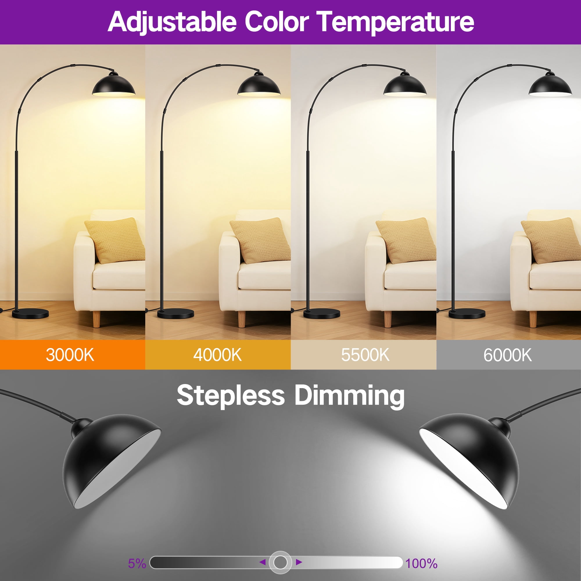 OUTON Arc Floor Lamp with Remote for Living Room, LED Dimmable Modern Standing Lamps with 4 Color Temperatures, Tall Light for Bedroom, Black