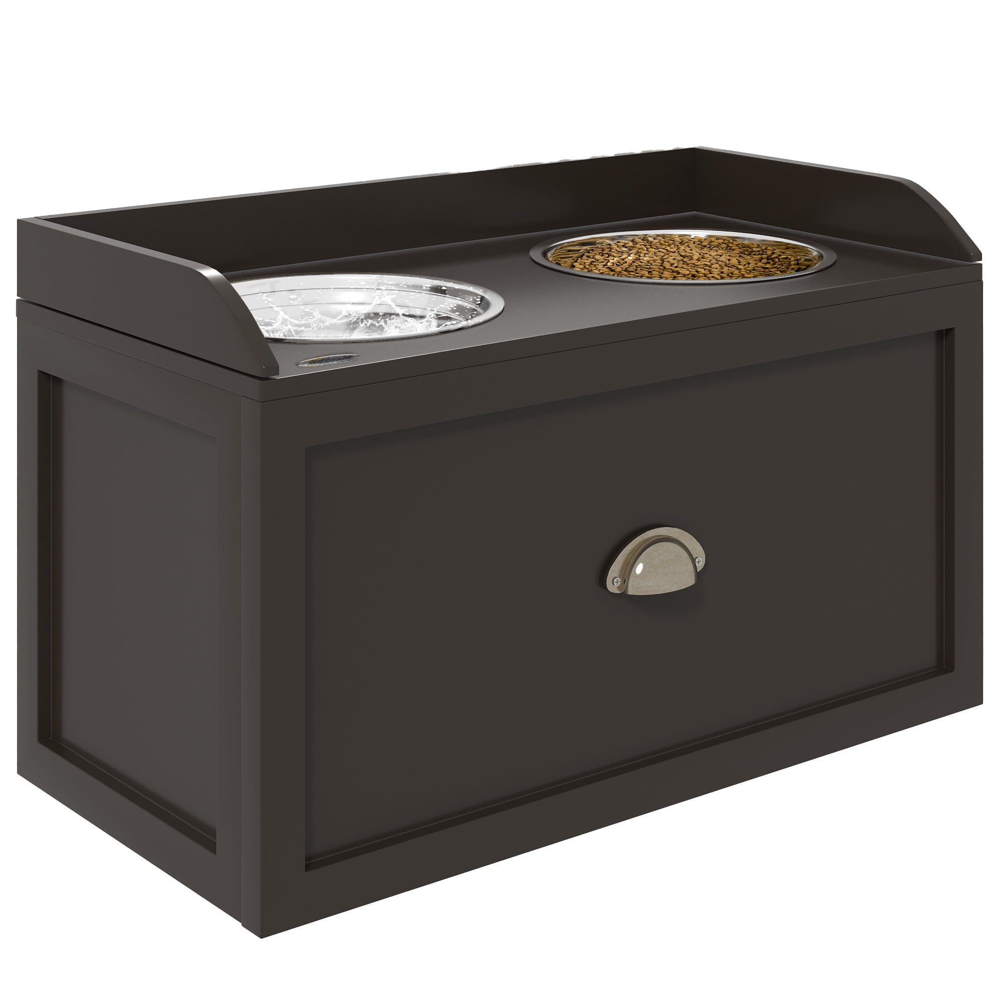 PAWHUT Elevated Dog Bowls for Large Dogs Raised Pet Feeding Station With 2 Stainless Steel Bowls Hidden Storage Drawer Wood Stand for Cats Coffee