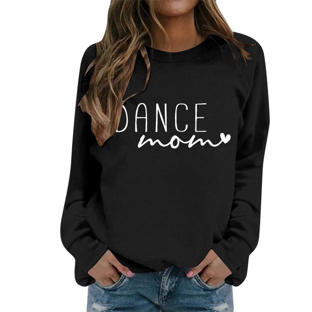 Chandails pour Femmes Automne Danse Imprimé Maman Décontracté Col Rond Chandail en Molleton Manches Longues Basique Chandail Confortable Tenue de Détente Chandail Femme Noir m