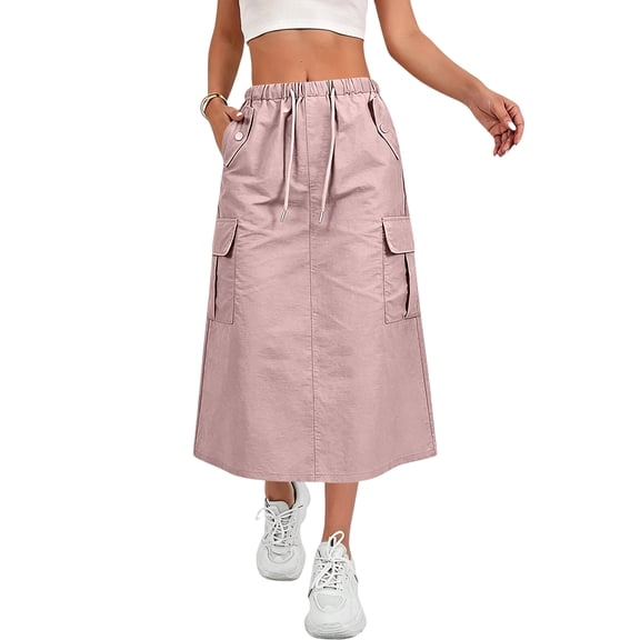 Women's Cargo Midi Skirt, Drawstring Elastic High Waist Long Skirts with Pockets, Casual Summer Active Utility A-Line Maxi Skirt Outfits