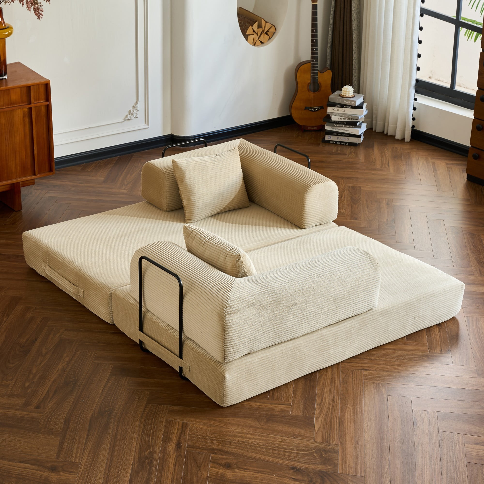 BSHTI 59" Corduroy Convertible Sleeper Sofa Bed with Cylindrical Pillow, No Assembly, Small Space for Living Room（Beige）