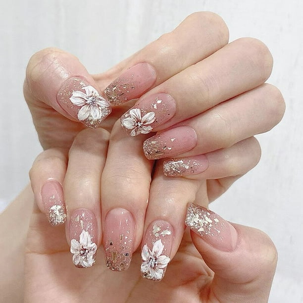 Uñas postizas de cobertura completa, Uñas postizas acrílicas, purpurina, mariposa, diamantes de imitación, color rosa degradado, 24 unidades