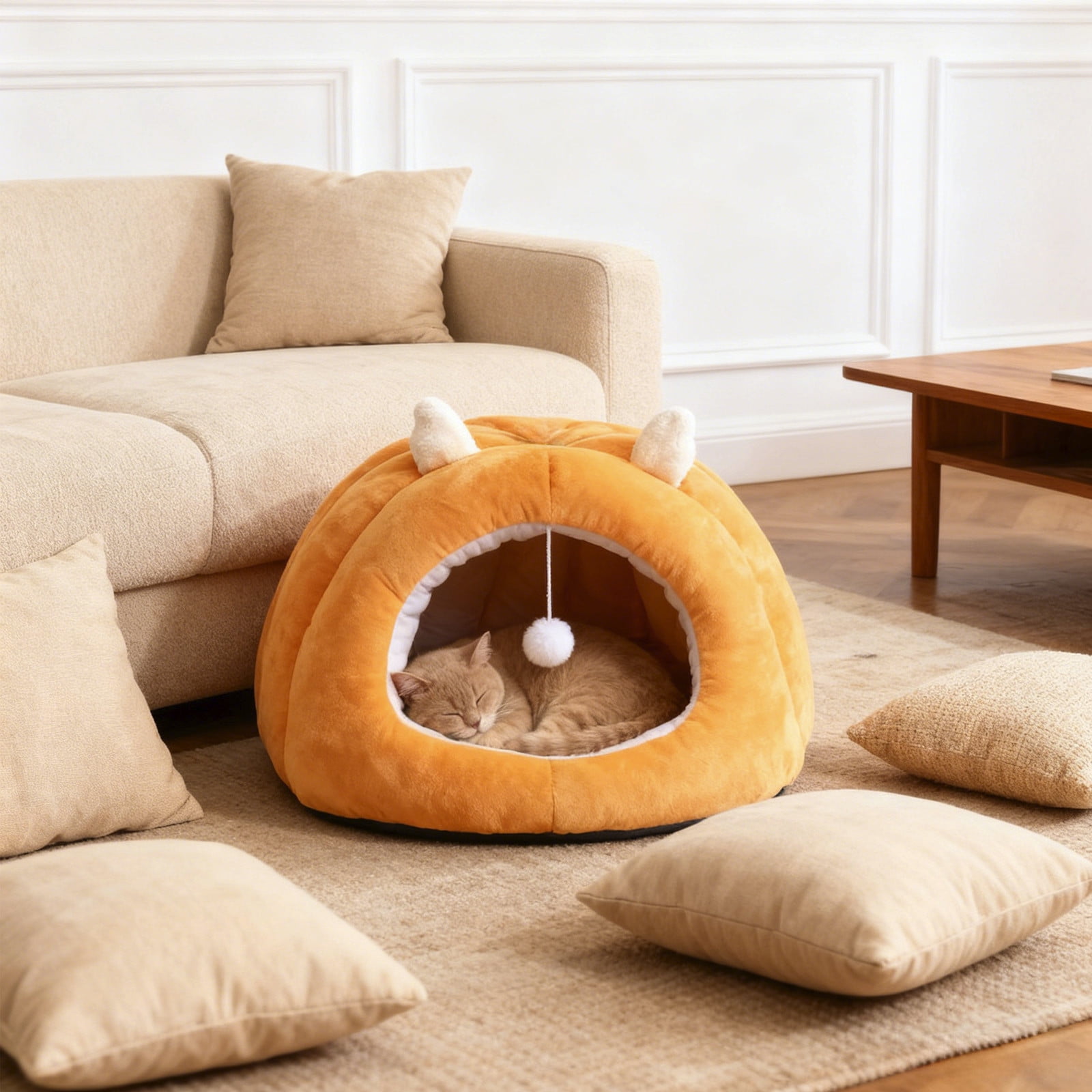 Winter Warm Pet Bed for Cats & Small Dogs, 15.75x13.78in Semi-Enclosed Plush Cave with Removable Cushion, Calming & Anti-Anxiety Yellow