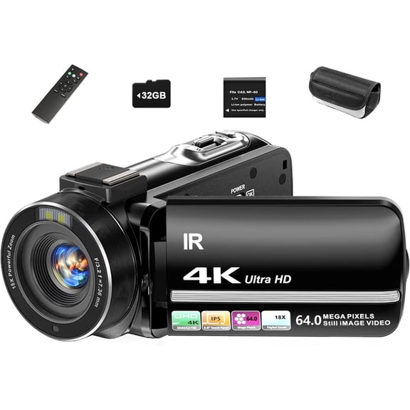 Beixiya 4K Camcorder Video Camera,96MP Vlogging Camera 18X Digital Zoom Infrared Night Vision 3" 270° Rotatable Touchscreen Webcam with Remote 2 Batteries 32GB Card