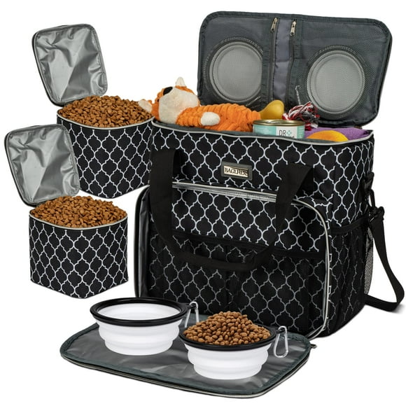 BAGLHER Dog Travel Bag, Pet Travel Bagï¼All Pet Travel Suppliesï¼, with 2 Pet Food Containers and 3 Collapsible Silicone Bowls; Essential Kits for Pet Travel DLblack