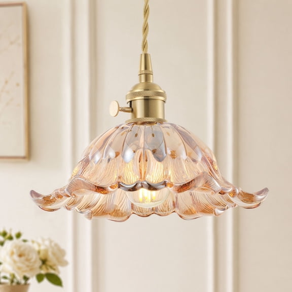 8.66' Vintage Pendant Light -- Amber Flower Glass Lampshade, Adjustable Hanging Light for Kitchen Island, Dining Room Bedroom & Farmhouse