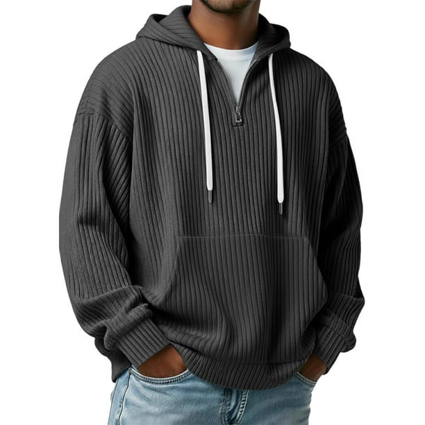 pstuiky camisas de manga larga para hombre, Sudadera informal de cuello redondo con capucha, media cremallera y bolsillo de manga larga de color liso para hombre Tops casuales para hombres xxl