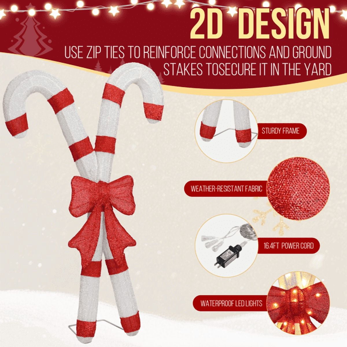 32.7in Lighted Christmas Candy Cane Decoration, 100 Warm White LEDs, Weather-Resistant, Collapsible for Indoor/Outdoor Use