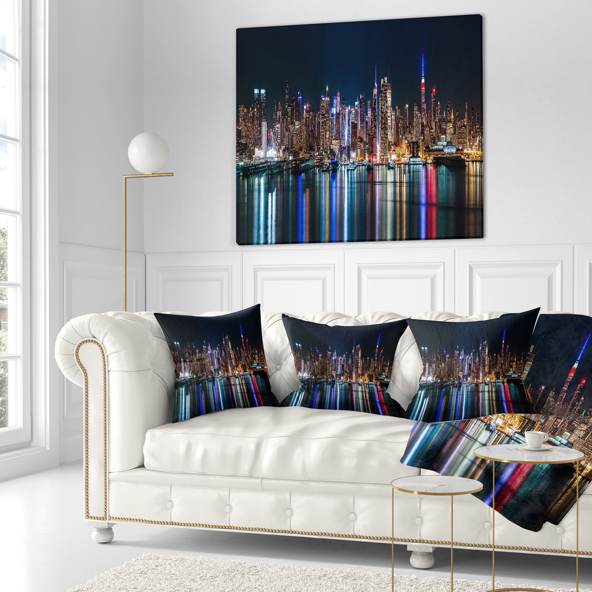Designart New York Midtown Night Panorama - Throw Pillow - 16x16
