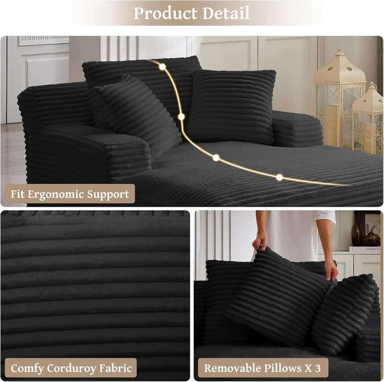 Oversized Chaise Lounge Chair Indoor, Upholstered Sofa Bed Sleeper Sofa Corduroy Cloud Couch Boneless Sofa Reading Chair with 3 Pillows for Living Room, 49.2''x66.1''