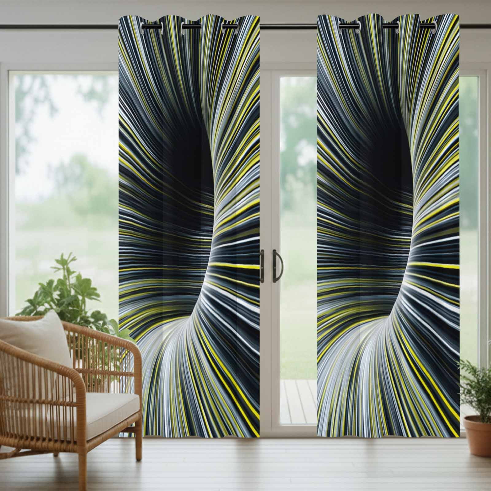 Abstract Outdoor Curtains for Patio, Lemon Yellow White Linear Warp Optical Tunnel Concentric Line Sunshade Privacy Drapes Grommet Waterproof Outside Curtains for Porch Balcony 54"x108", 1 Panel