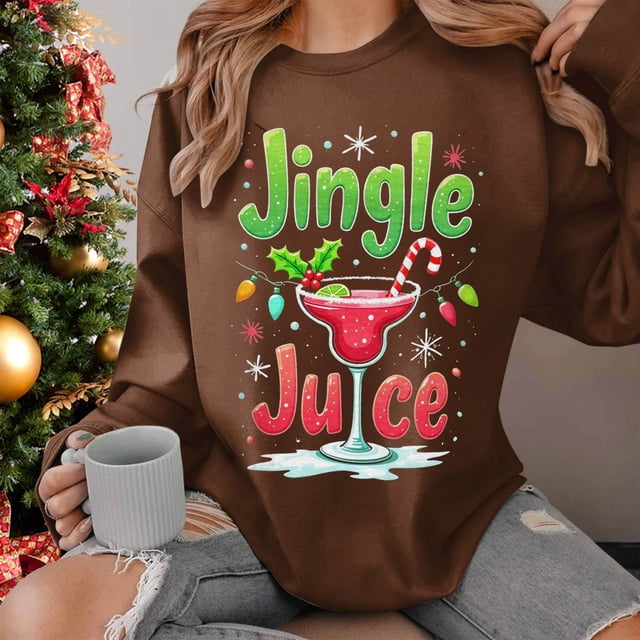 Chandail à Capuchon Jingle Juice pour Femmes, Décontracté, à Thème de Noël, Col Rond, Manches Longues, Chandail Molletonné
