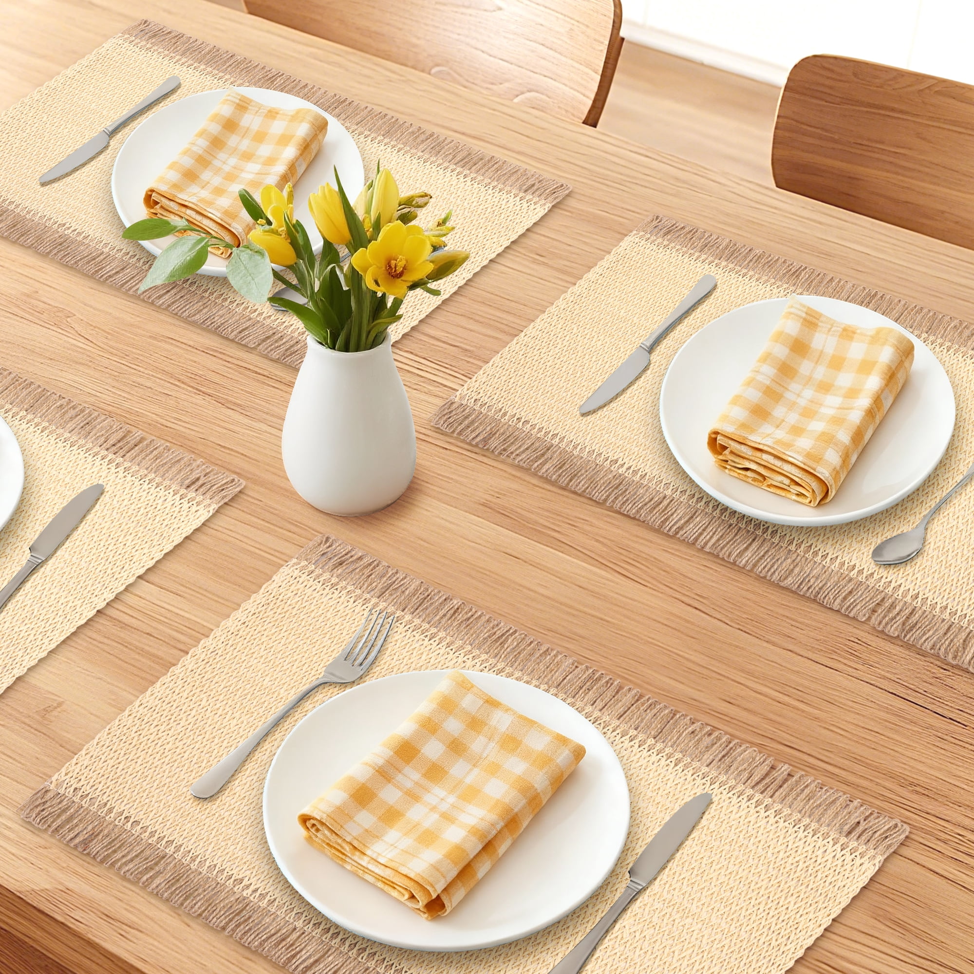 Unique Bargains 6pcs Woven Placemats with Tassels Beige 17.7"x11.8"