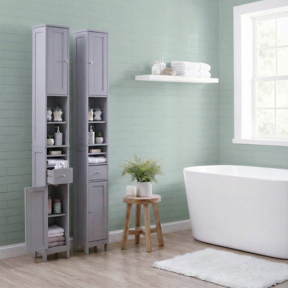 LEDREM Slim Tall Bathroom Cabinet with 5-Level Adjustable Shelves, Freestanding Storage Unit with Drawer and Open Compartments, Dove Gray