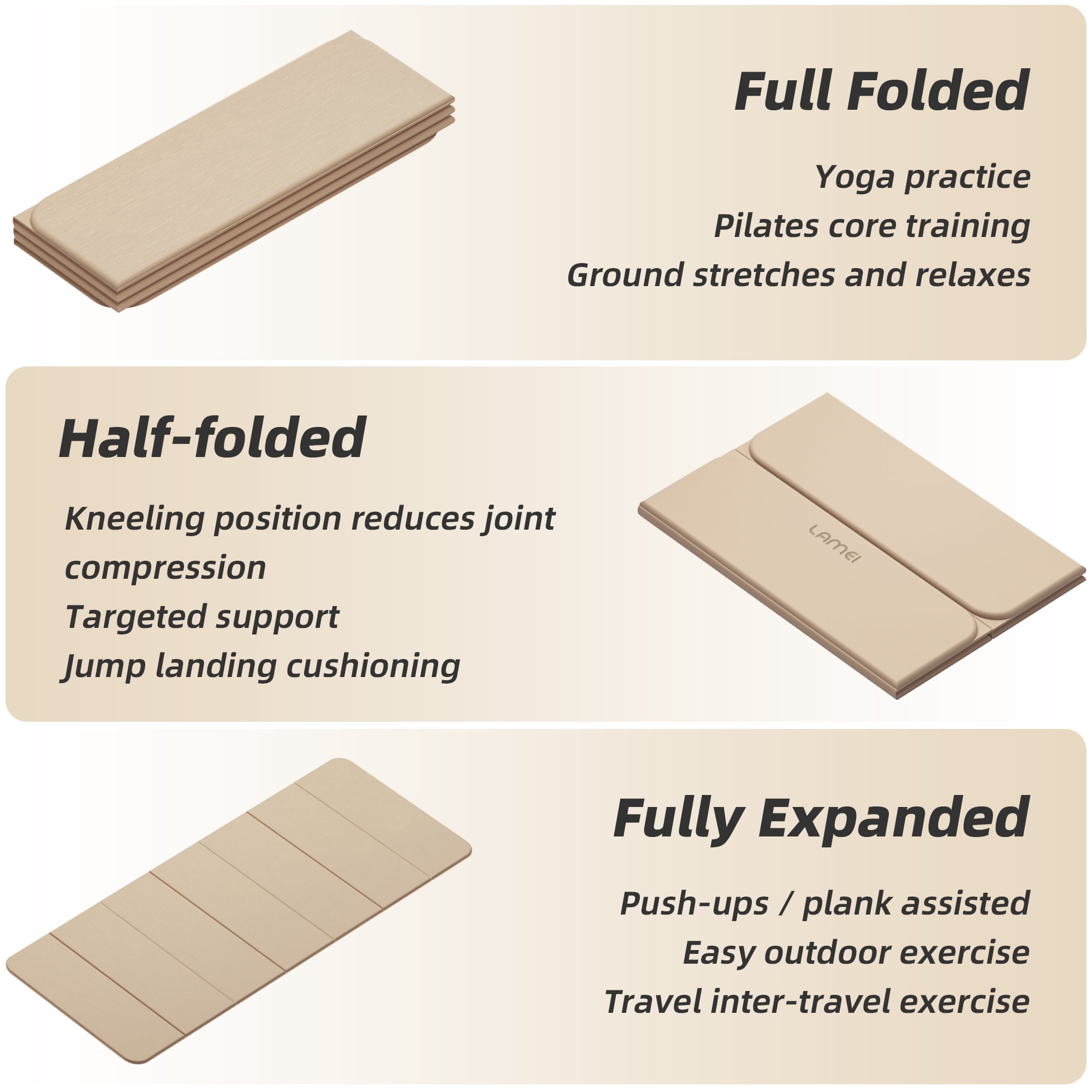 Lamei Foldable Yoga Mat, 31" Extra Wide Non-Slip Exercise Mats for Home Workout, 75" Long, 8mm Thick,Lightweight Travel, Quick Unfold/Fold, Flat Lay No Curl(Beige)