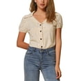 thumbnail image 1 of Blusa vintage de los años 50 para mujer con botones y mangas cortas de lunares, tamaño XS, color beige, 1 of 5