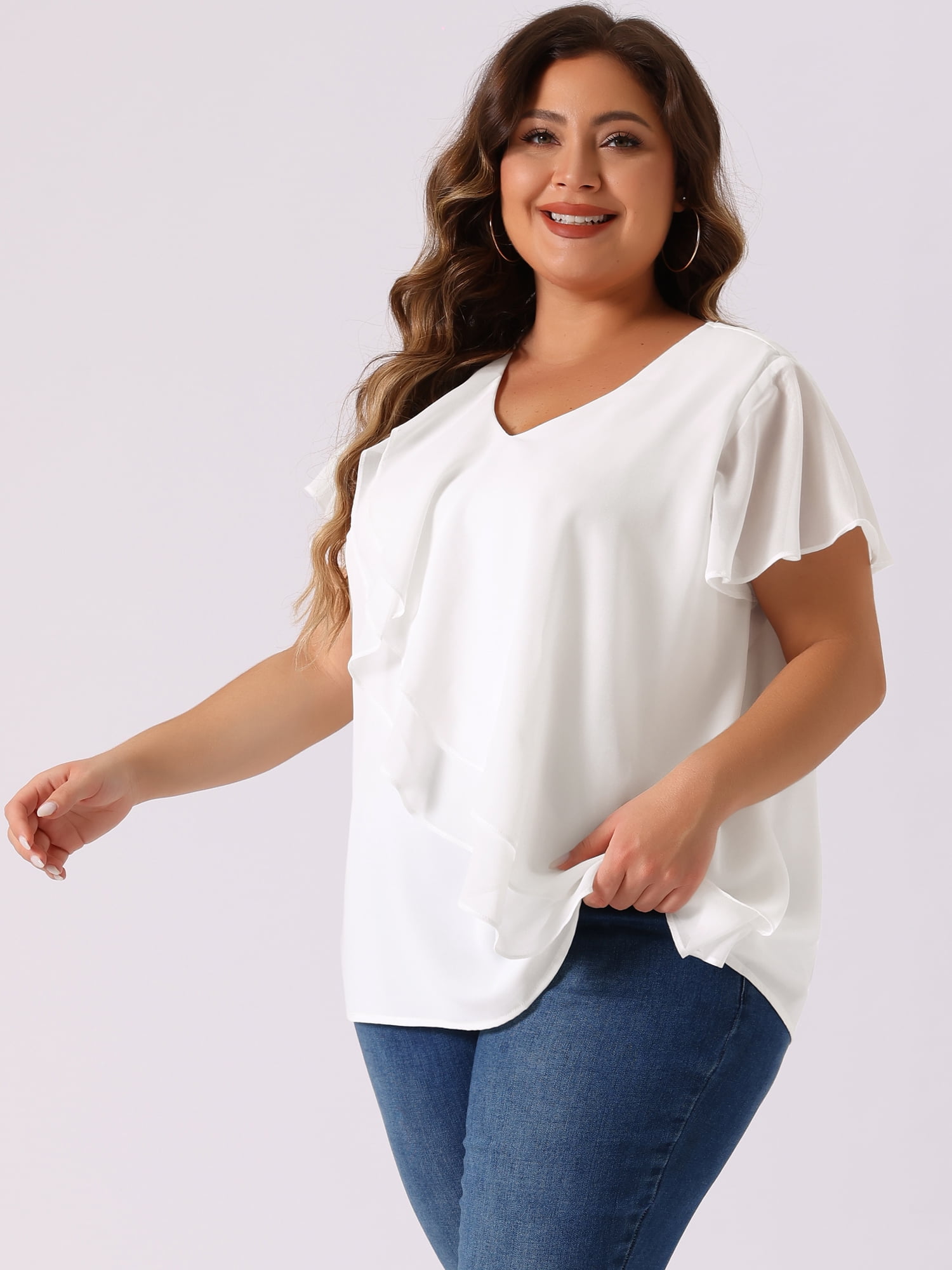 DARING DIVA Women's Plus V Neck Flutter Sleeve Layered Ruffle Top 3X White