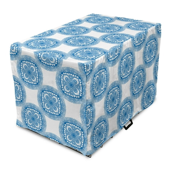 Blue Mandala Dog Crate Cover, Repetitive Oriental Floral Motifs Illustration on Plain Background, Easy to Use Pet Kennel Cover Small Dogs Puppies Kittens, 7 Sizes, Sea Blue and White, by Ambesonne