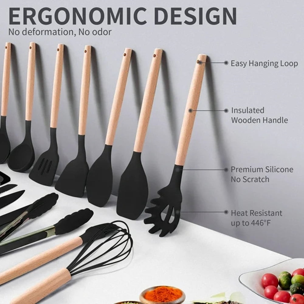 TEAFIRST Silicone Kitchen Cooking Utensils Set, 19 Pieces Utensil with Holder, Heat Resistant, Black