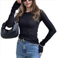 thumbnail image 3 of Camiseta de Larga con Cuello Redondo para Mujer, Camisetas Lisas Ajustadas, Tops Cortos para Salir de Otoño Y2K, Camisetas Ajustadas Lindas Negro L, 3 of 10
