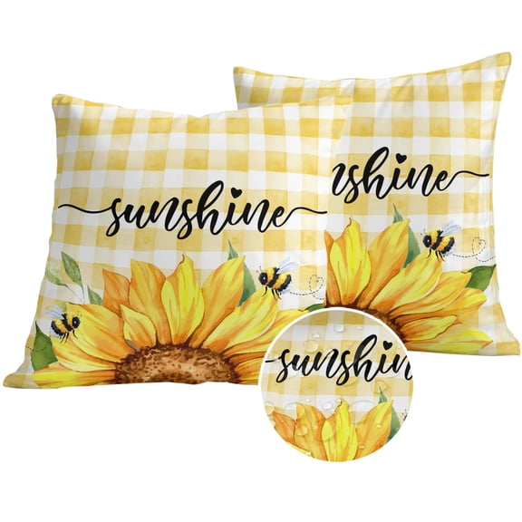 Sunflowers Outdoor Pillow Covers 20x20 Set of 2,Waterproof Patio Throw Pillowcase Protectors,Yellow Plaid Sunshine Vintage Country Bee Decorative Pillow Shams Cushion Covers for Seat Bed Couch Sofa