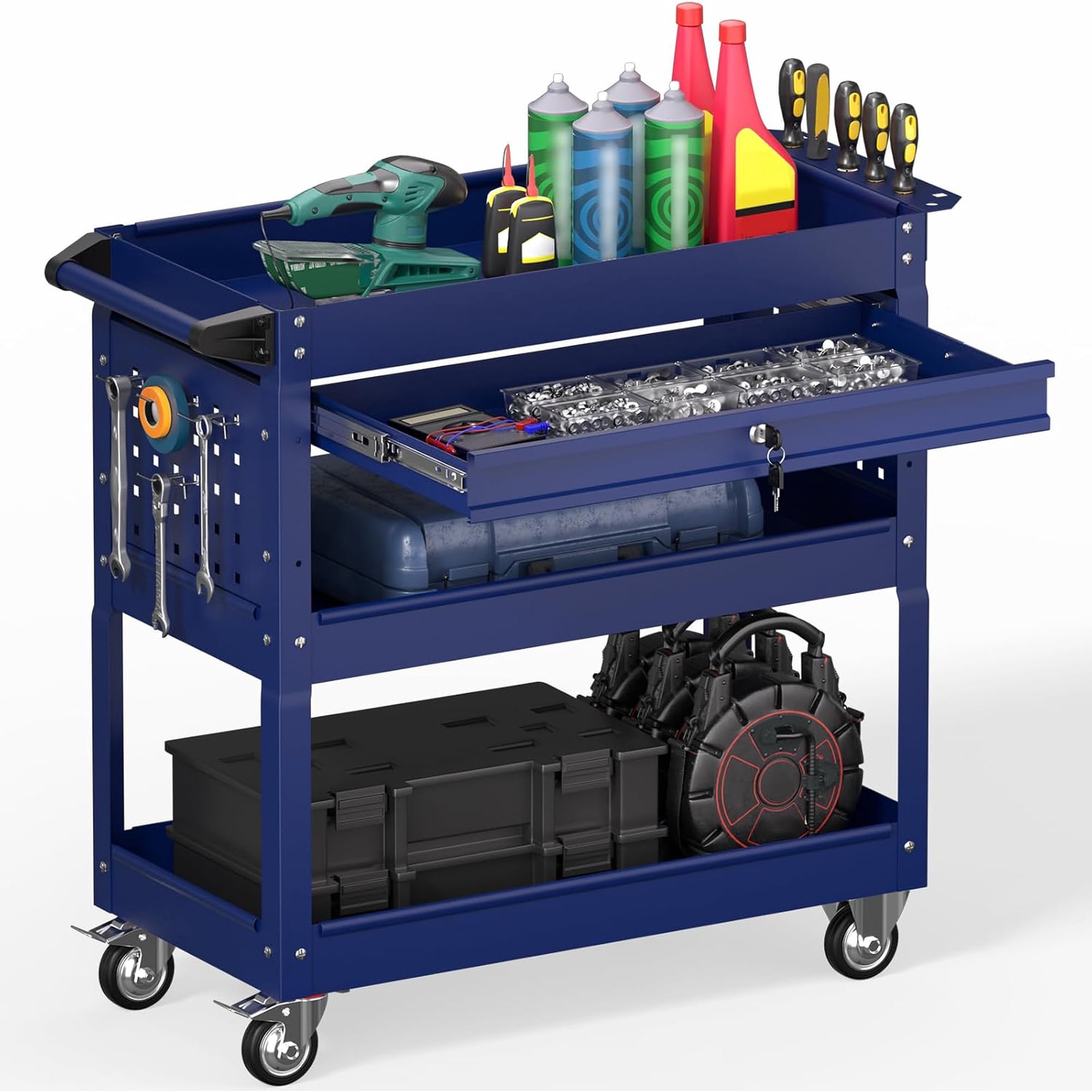 3 Tier Rolling Tool Cart on Wheels Heavy Duty Service Cart Industrial Utility Cart with Drawer and Screwdriver Rack Pegboard 550 LBS Mobile Tool Storage Organizer for Garage Workshop (DARKBLUE)