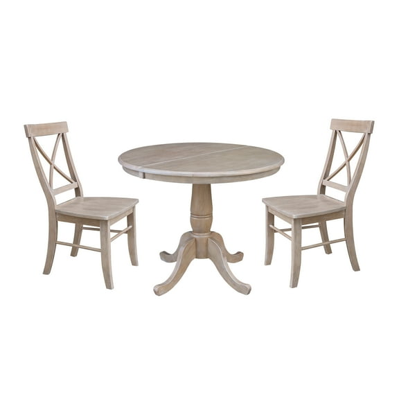International Concepts 3-Piece Solid Wood Dining Set with 36" Round Extension Pedestal Table and 2 Cross Back Chairs, Washed Gray Taupe
