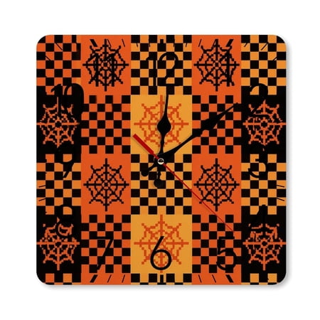 GooTPa 10×10inch Square Silent Wall Clock Wooden Frame, Spider Web Pixel Checkerboard Scale Decorative Clock for Home Bedroom Living Room Office