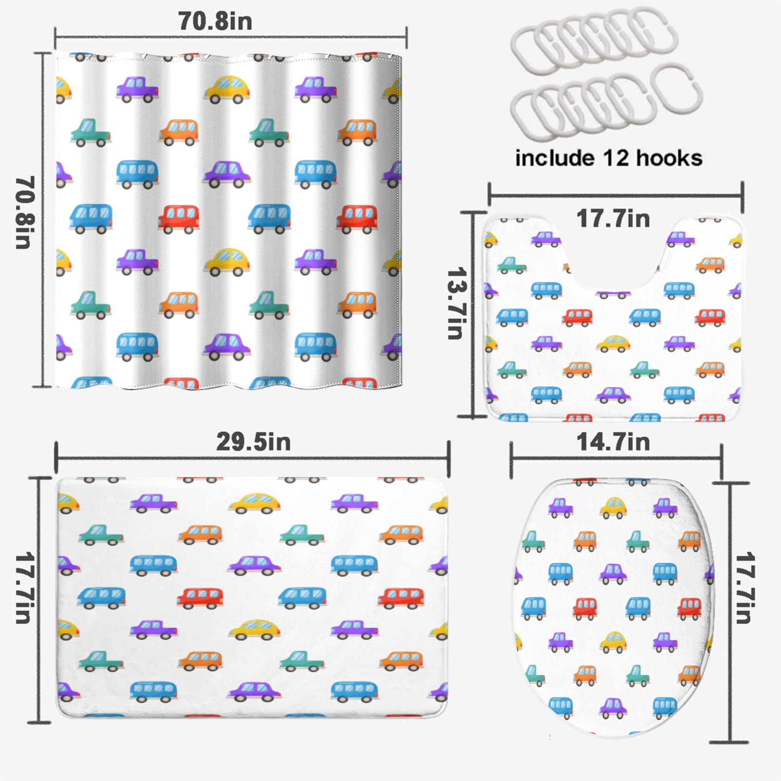 Cartoon Car 4 Pcs Shower Curtain Set Bus Truck Train for Kids Boys Girls with 12 Hooks, Bath Mat Set Bathroom Decor by Durable Waterproof Fabric, 72x72 Inch