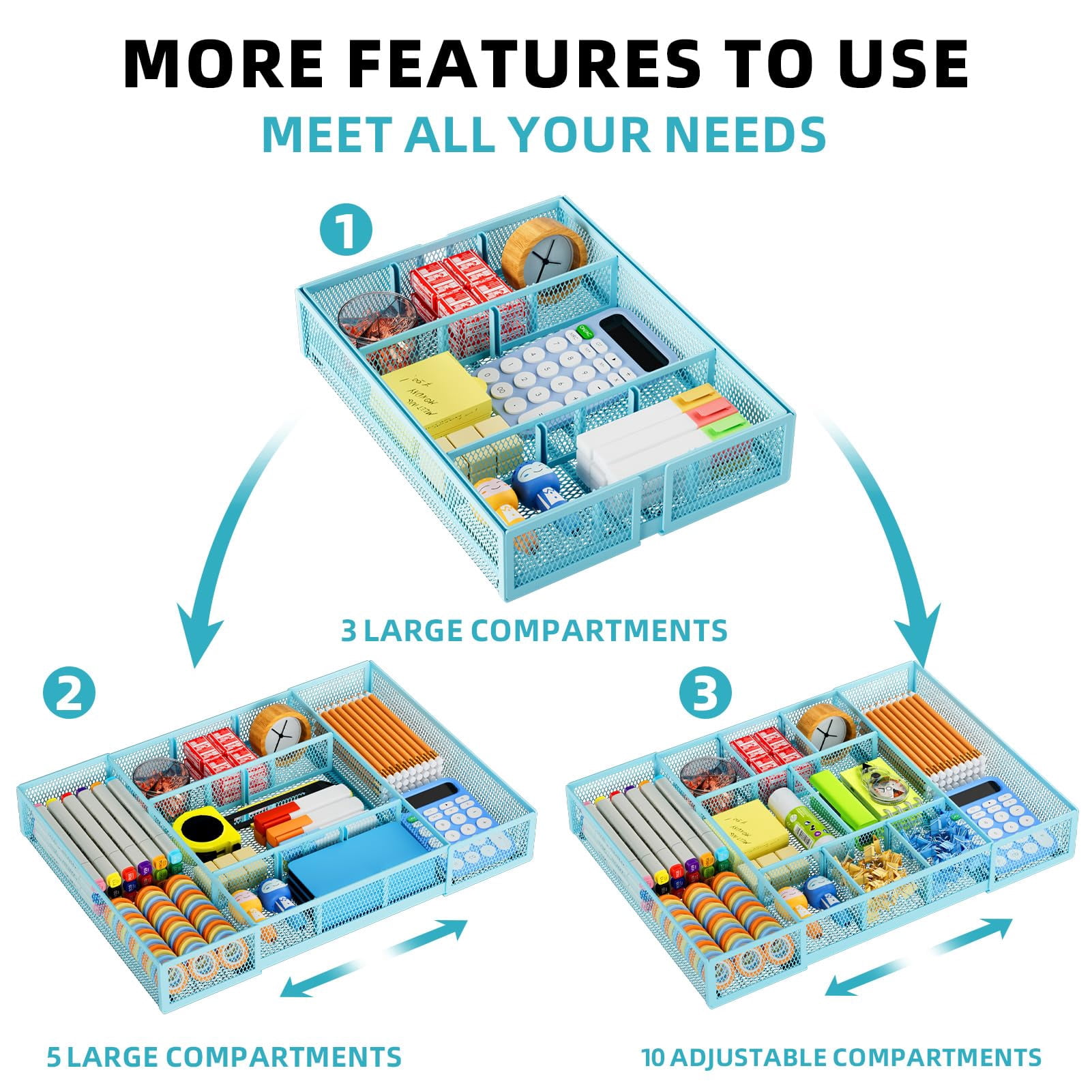 Expandable Desk Drawer Organizer  Mesh Tray With 10 Adjustable Compartments Organizers And Accessories For Office Supplies Makeup & Vanity (expandable-blue)