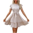thumbnail image 2 of FcBaudy Robe à Manches Courtes Col en V, Robes d'Été pour Femmes, Robes pour Femmes Robe d'Été à la Taille avec Lacets et Cordon Plissé Robe Ligne A pour Femmes, 2 of 8