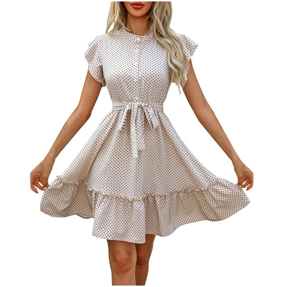 DJskiyers Womens 2025 Summer Dresses Polka Dot Print Casual Ruffle Hem Belted Swing Dress