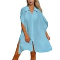 thumbnail image 3 of Plus Size Swim Suit Coverup for Women 3/4 Sleeve Beachwear Bikini Coverups Button Down Oversized Cover Up Shirt Blue, One Size, 3 of 5