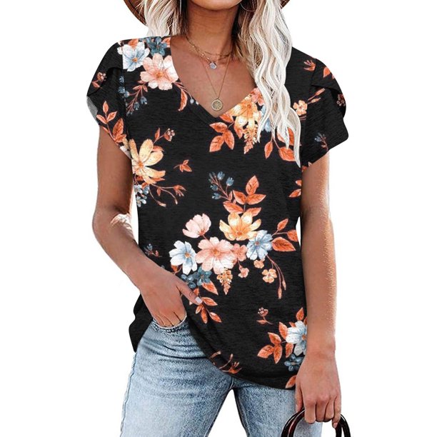 ICHUANYI Clearance Fashion Women's Summer V-Neck Short Sleeve Print Casual T-shirt Blouse(Brown, XXL) ICHUANYI WER2023081403094